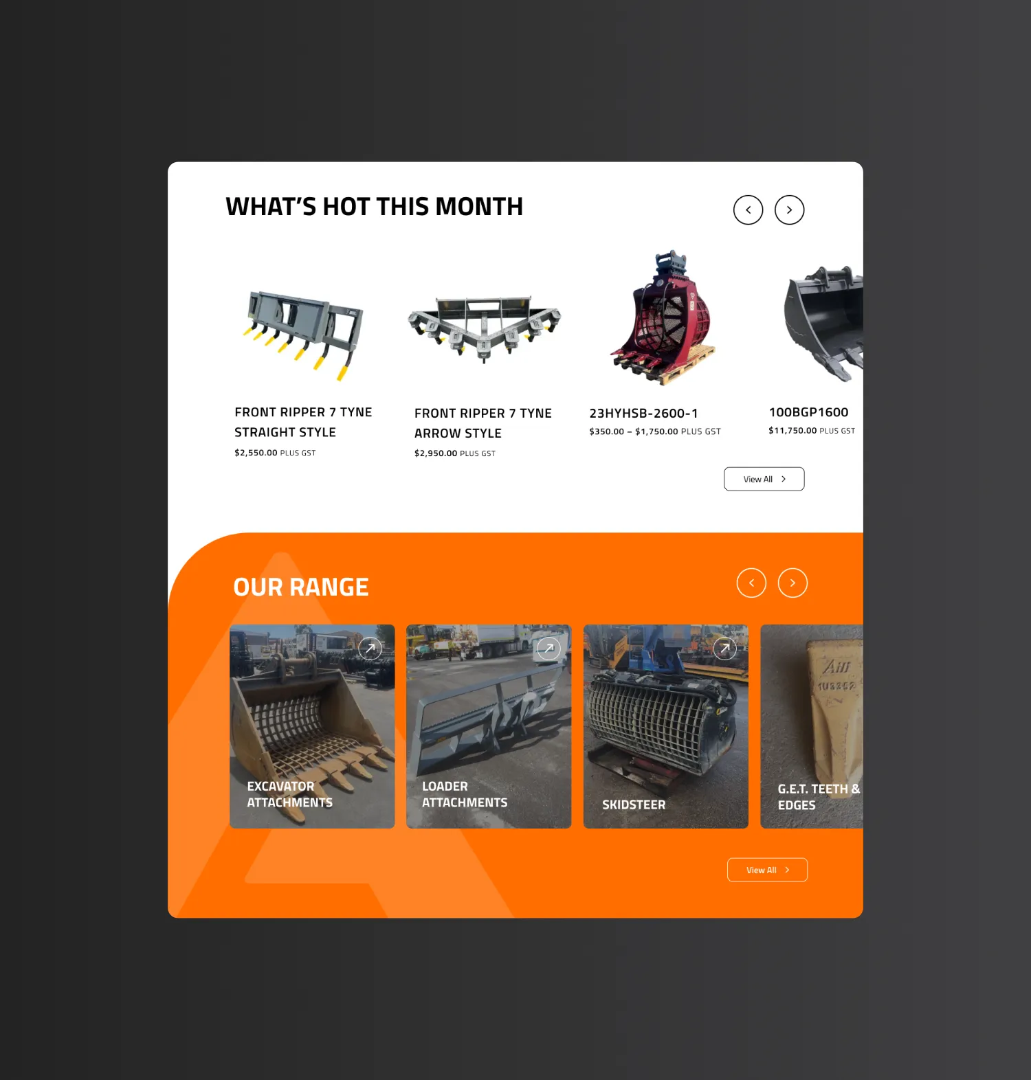 Product section of the AU Buckets website