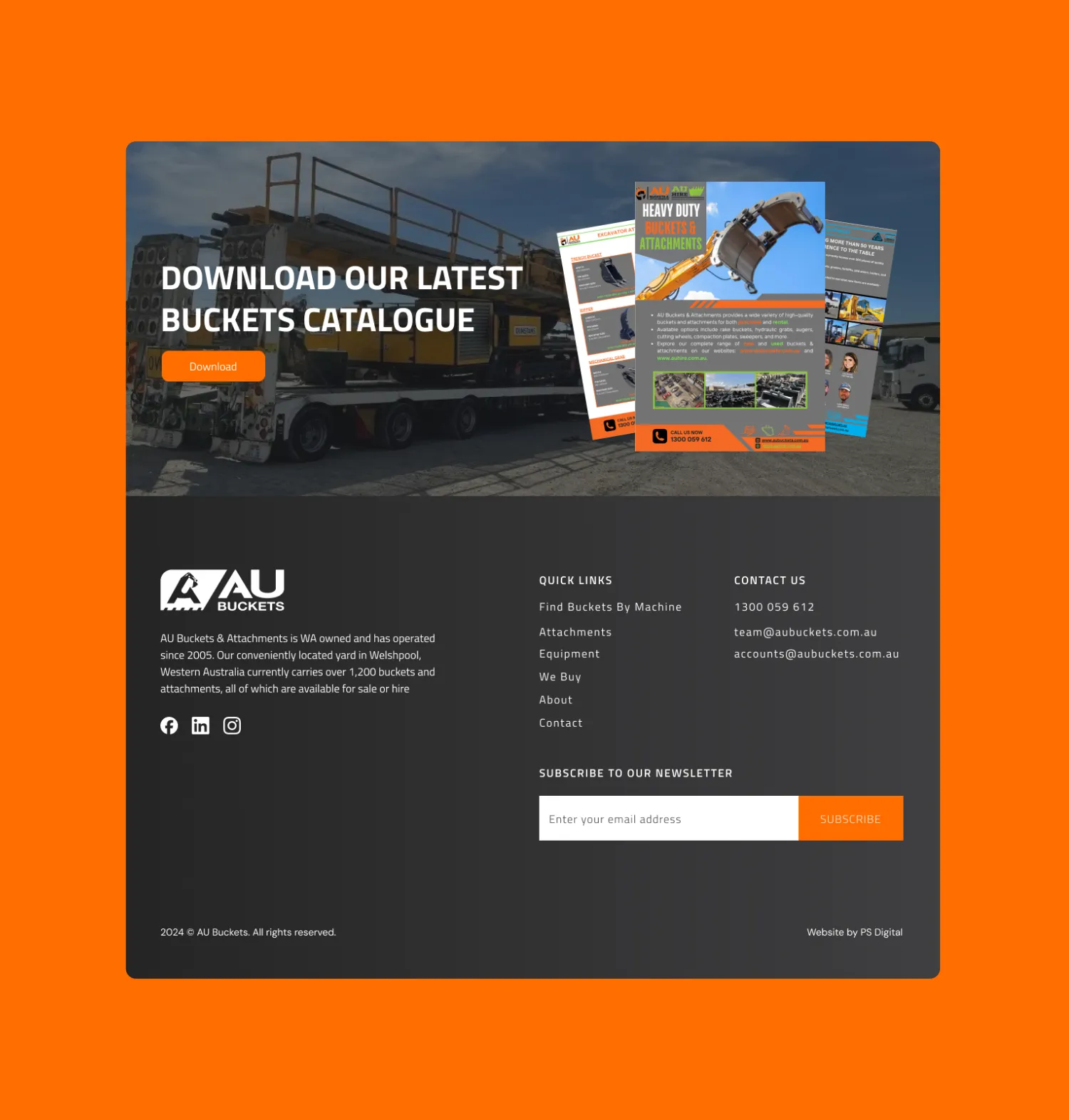 Catalogue section and footer of the AU Buckets website