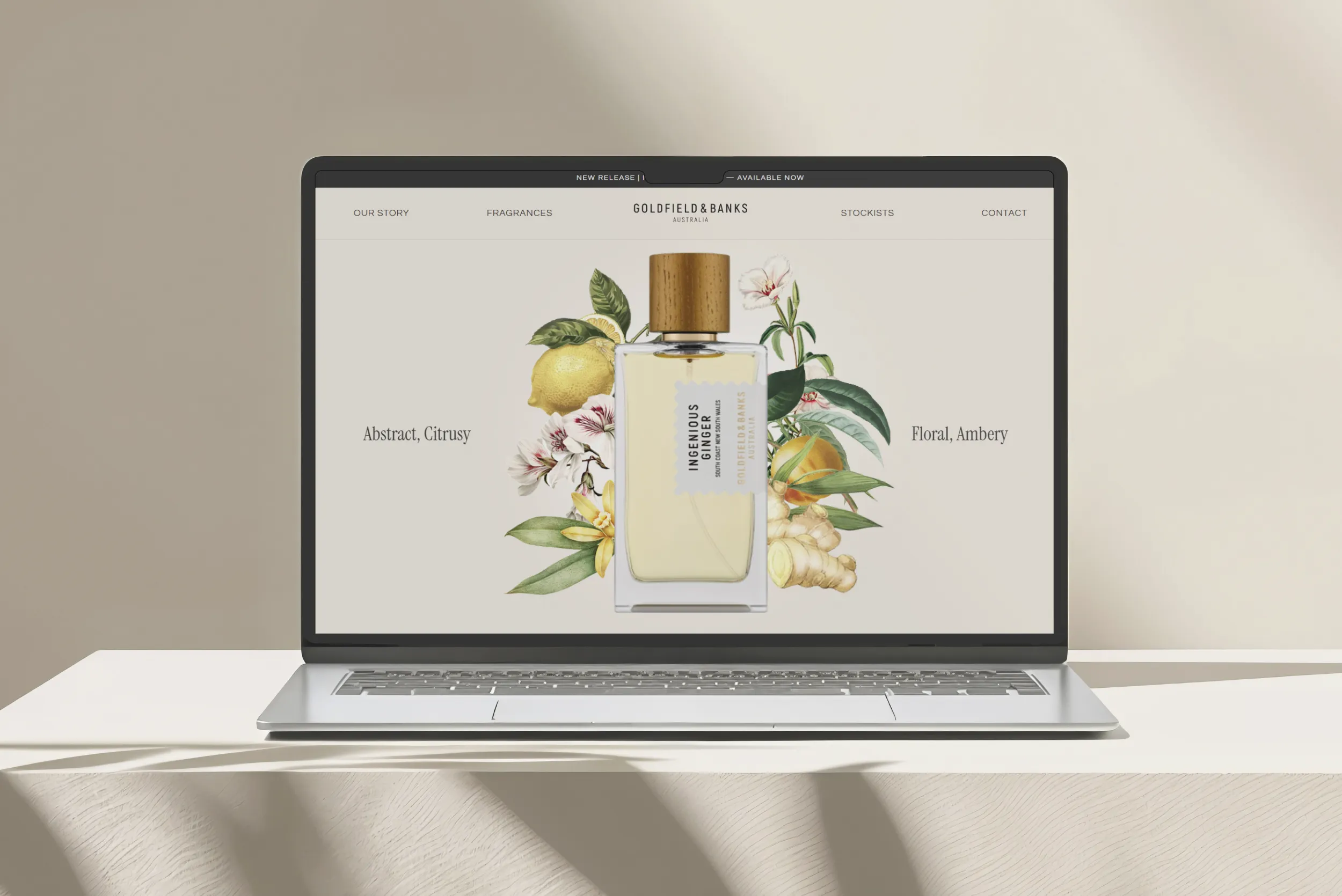 The Ingenious Ginger Perfume website displayed on a laptop