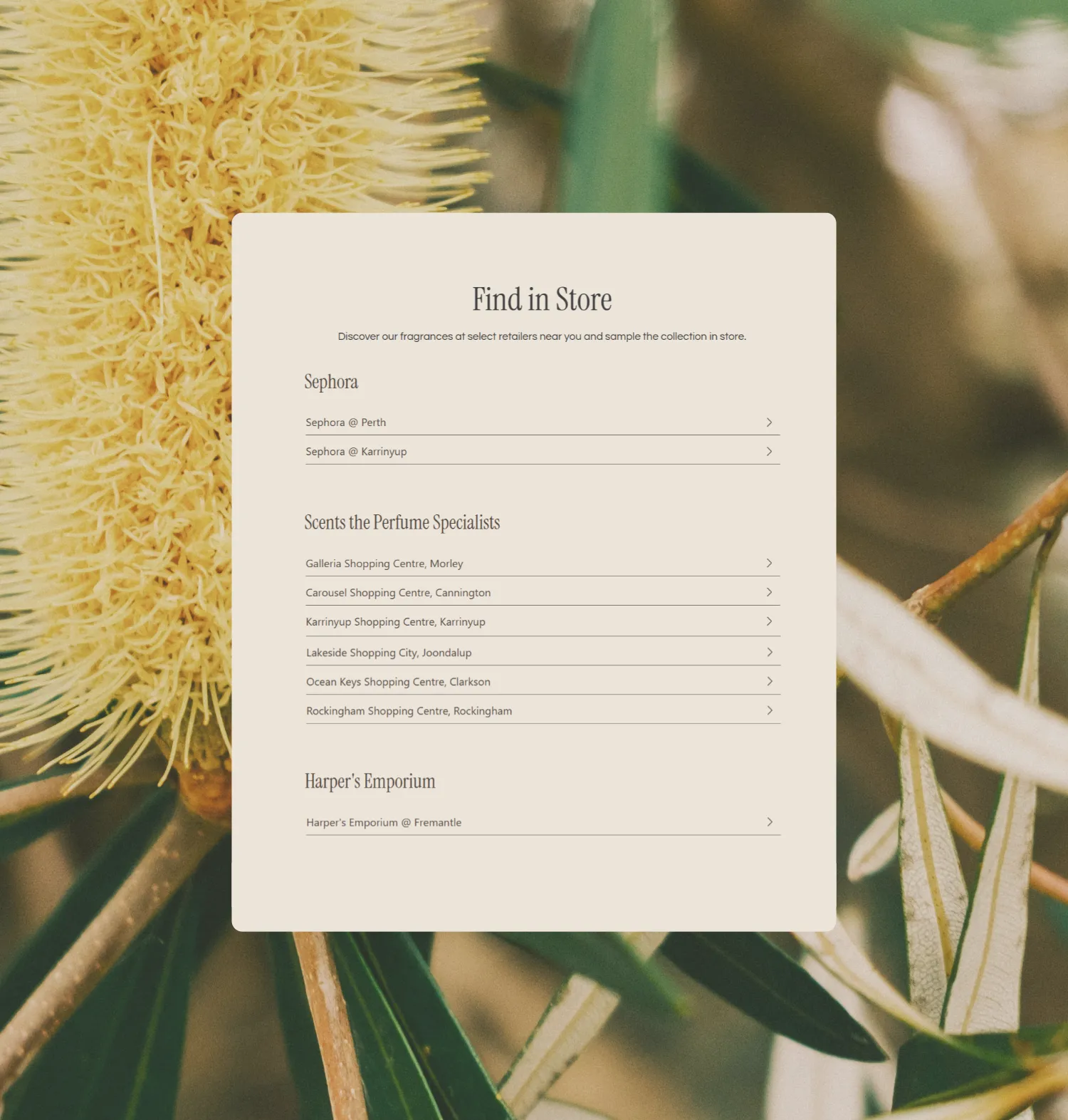 Stockist section of the Ingenious Ginger perfume website