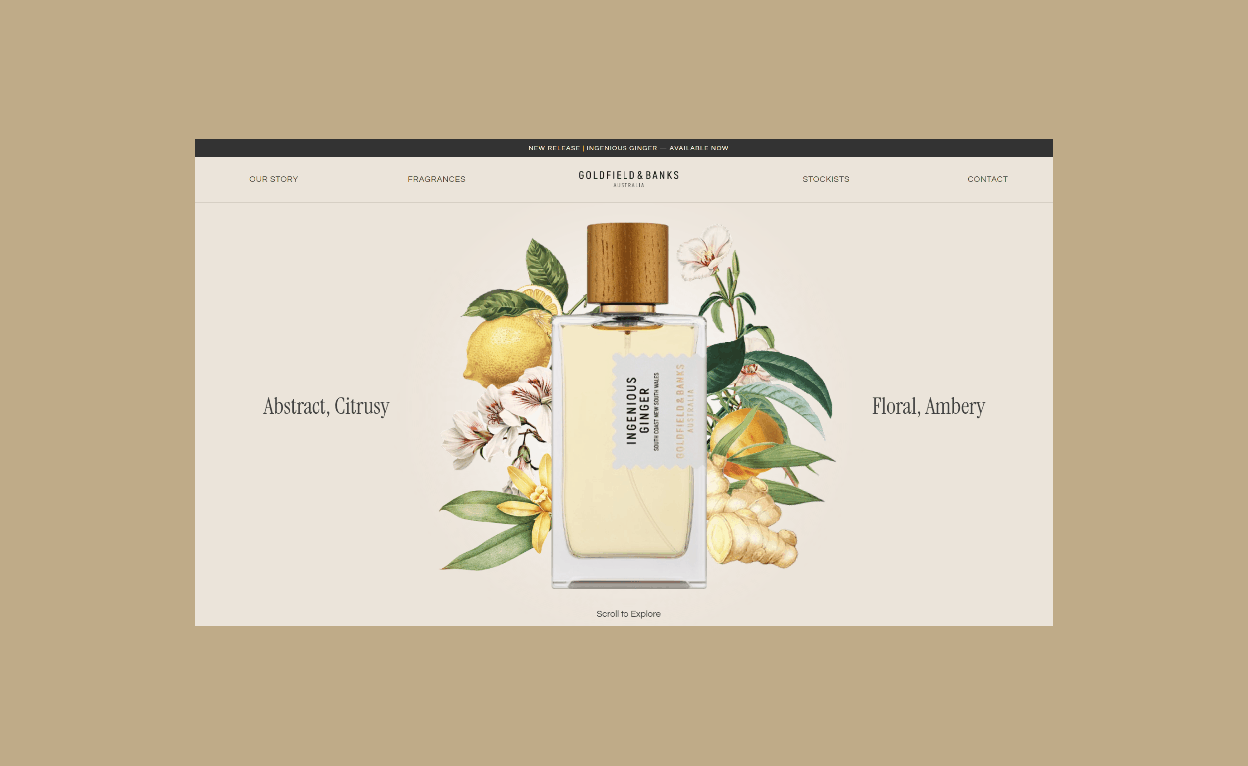 Animated preview of pages from the Ingenious Ginger perfume website
