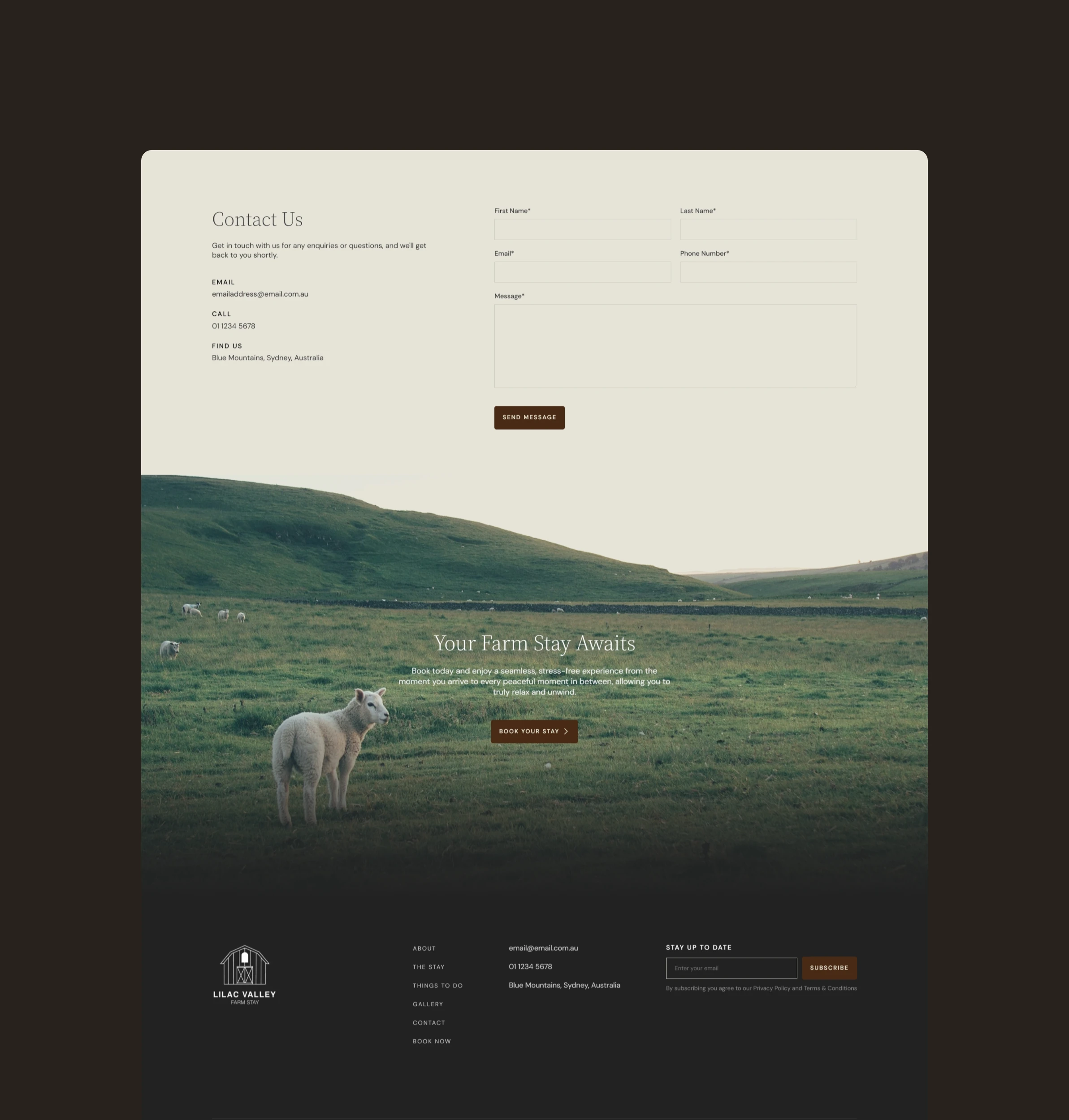 Contact and footer section of the Lilac Valley website