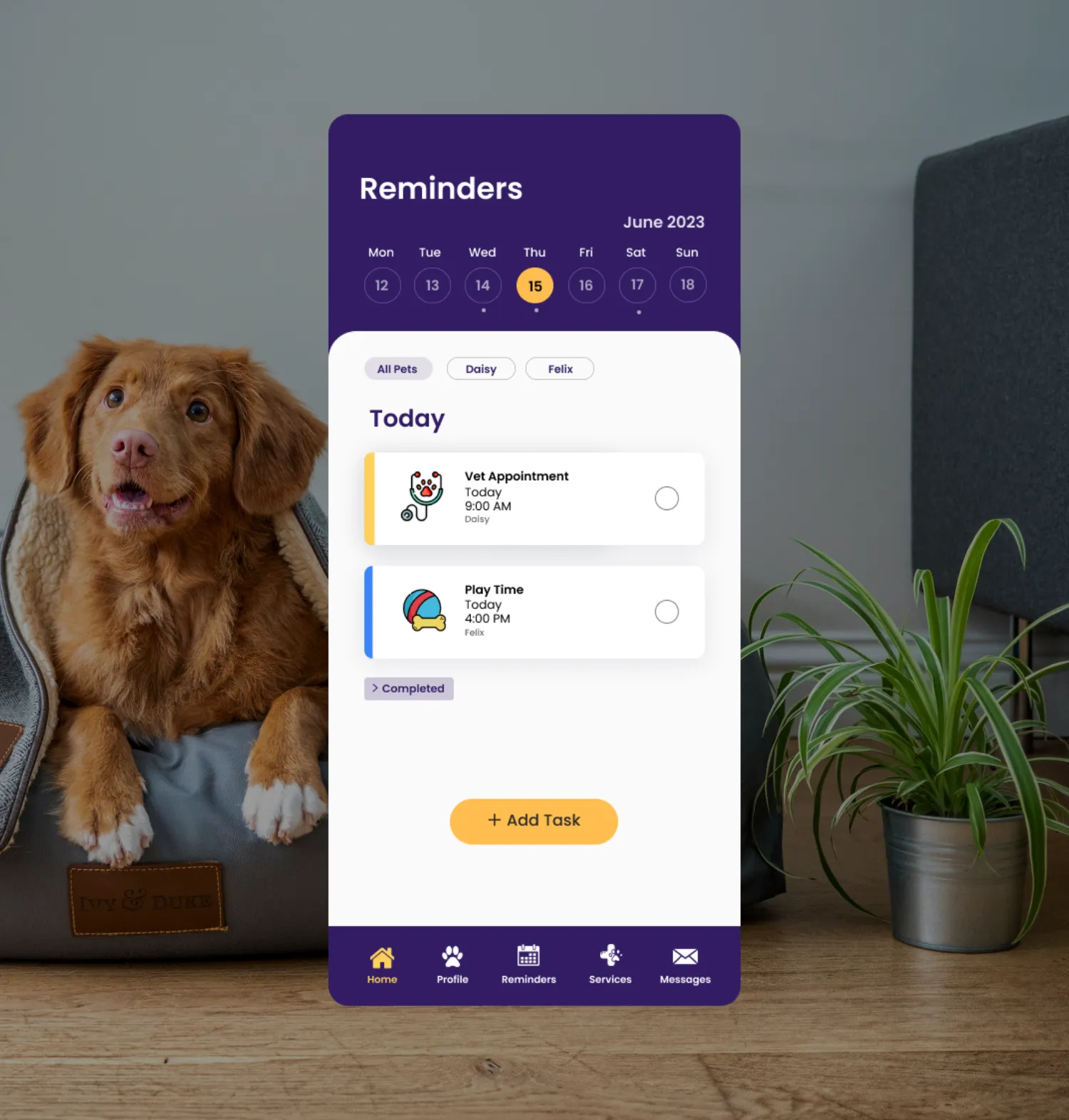 Reminders screen of the RSPCA App