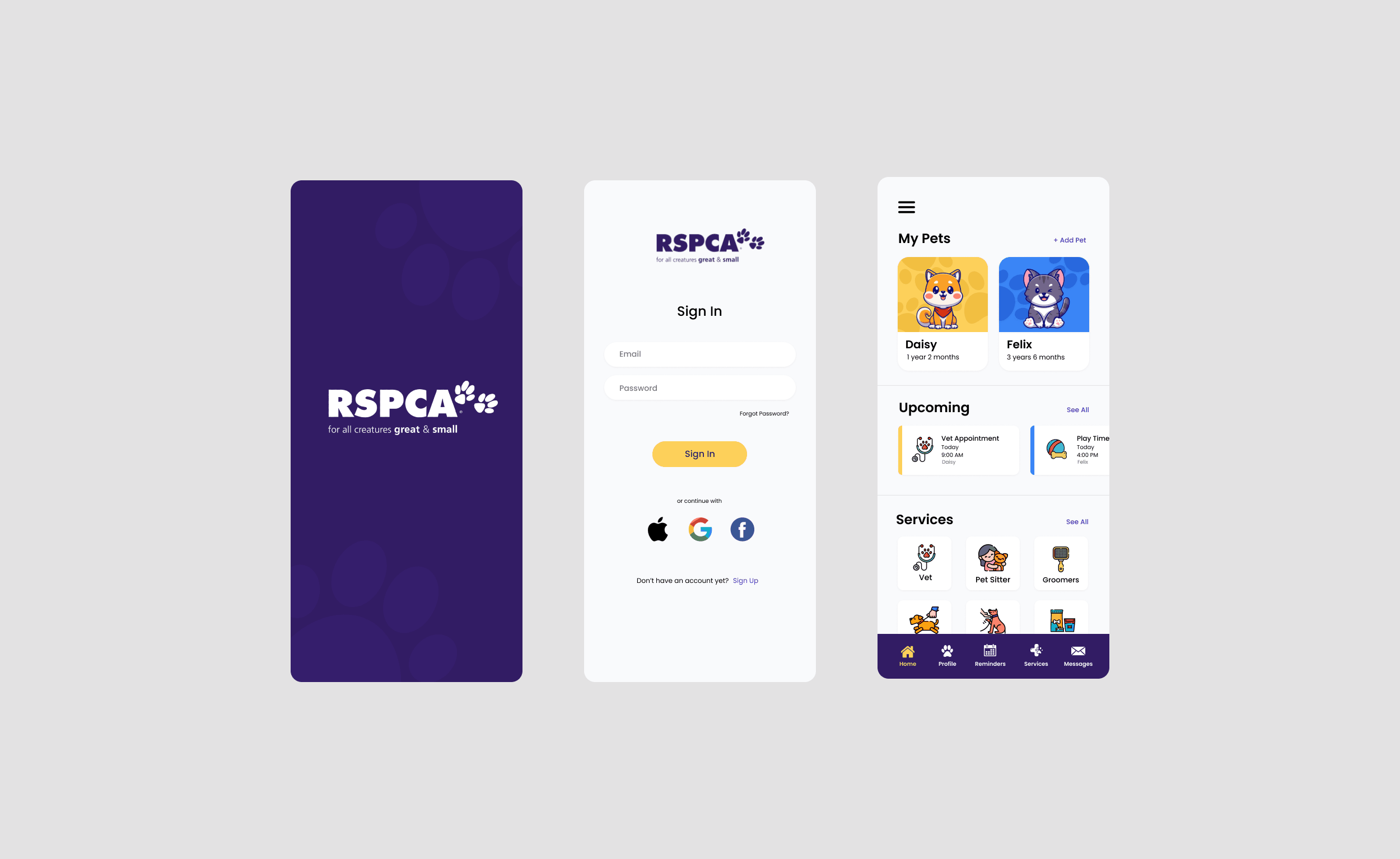 Animated preview of screens from the RSPCA App