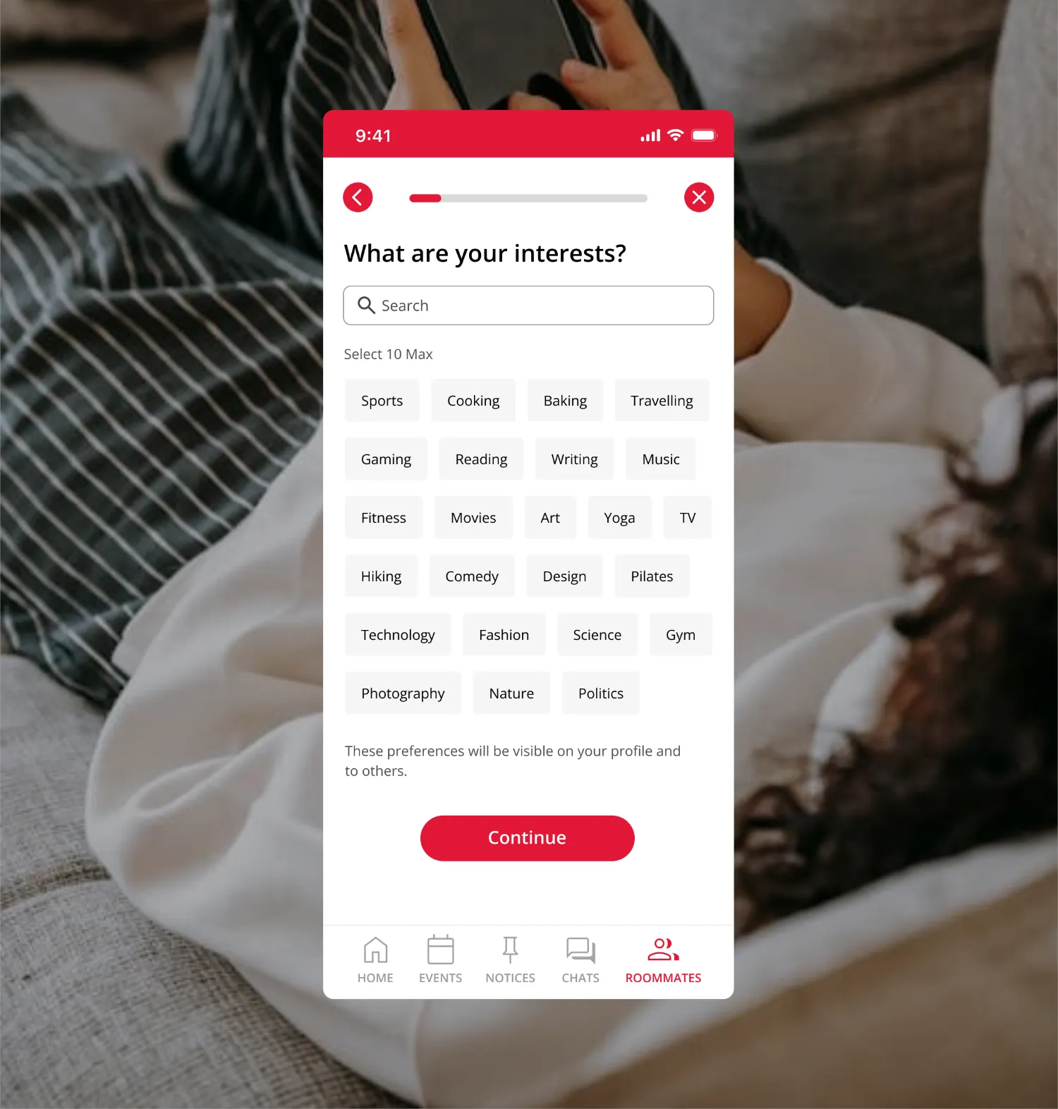 Questionnaire screen of the Unilodge App