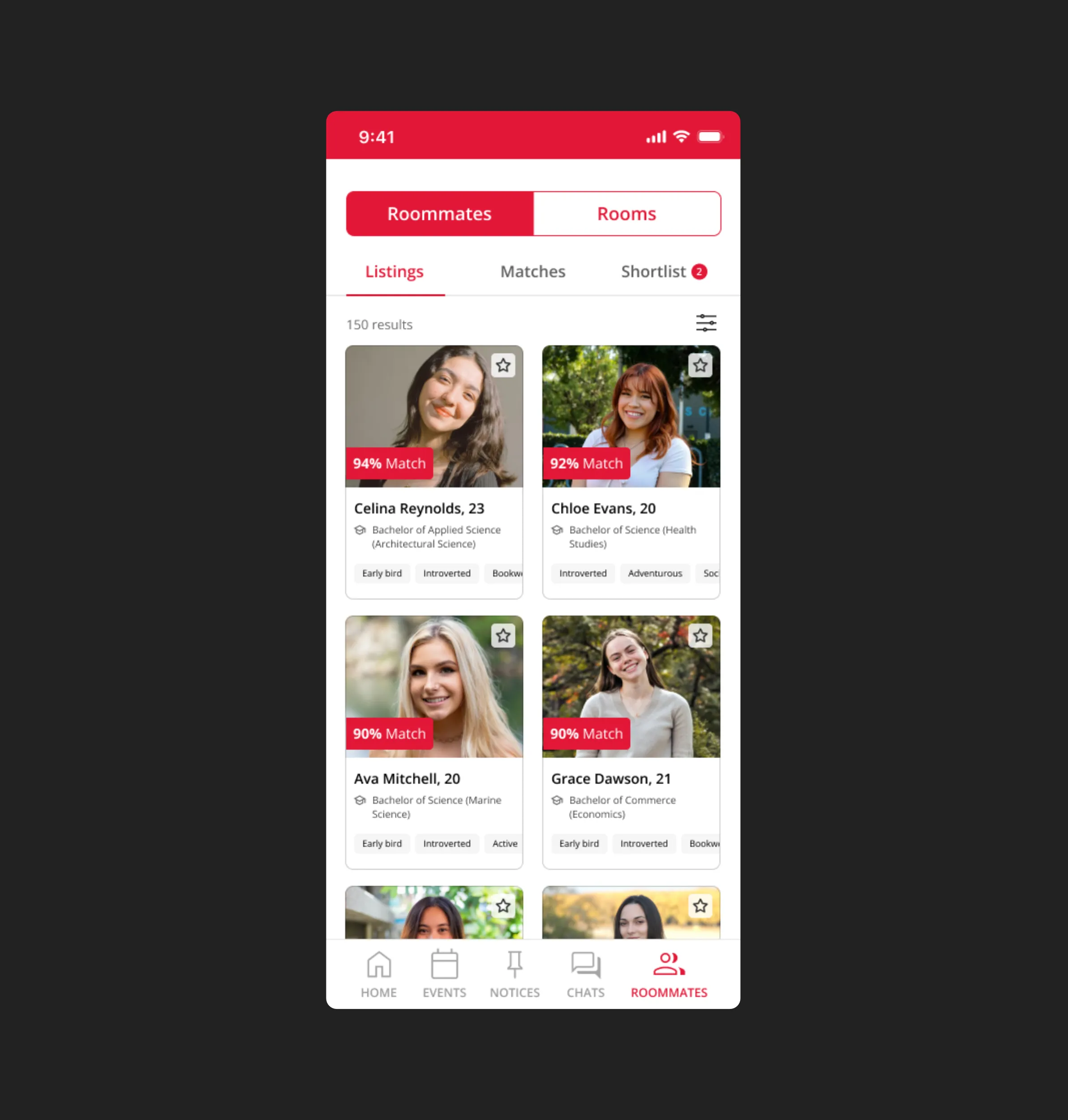 Roommate listings screen of the Unilodge App