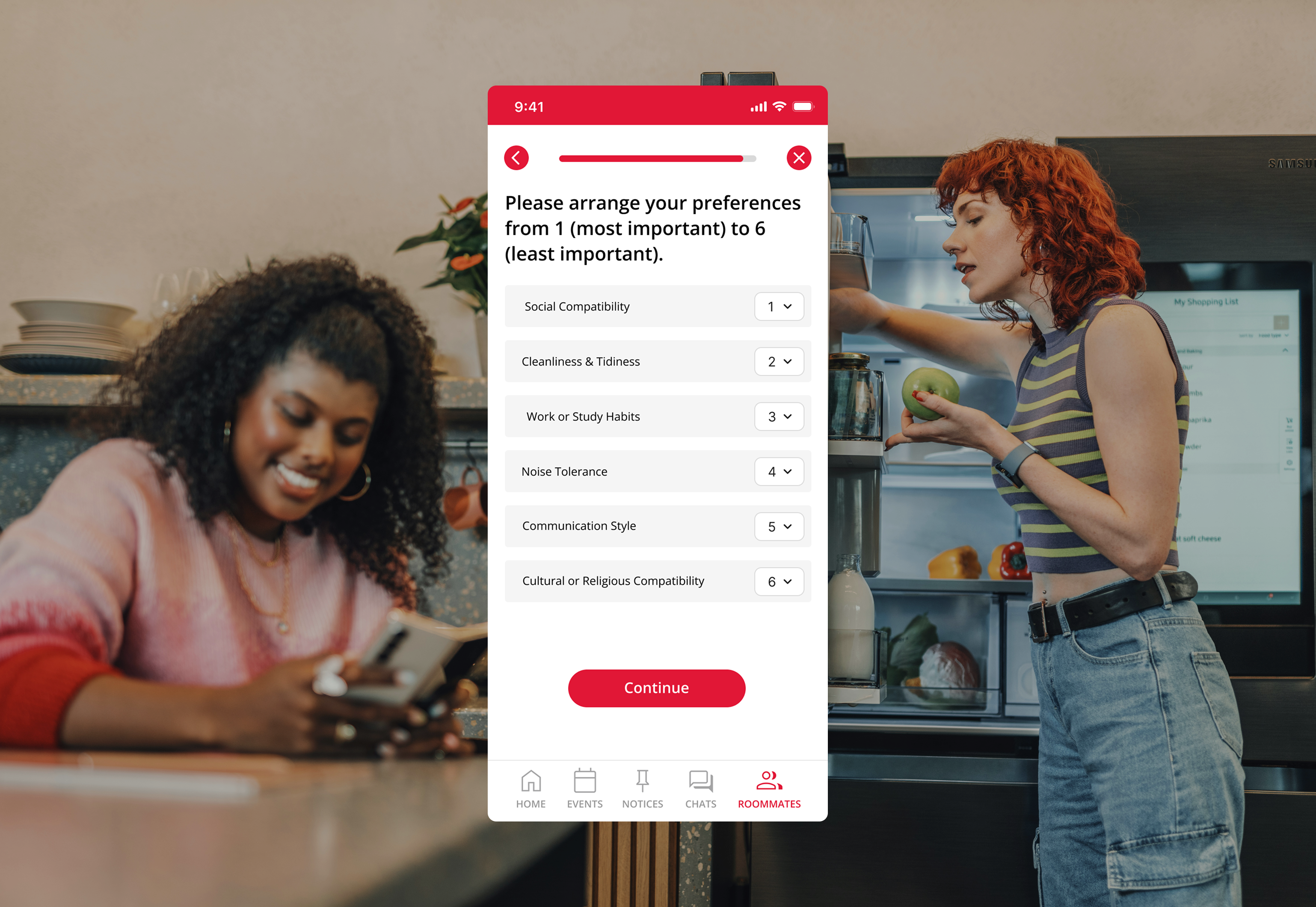 Preference sorting screen of the Unilodge App