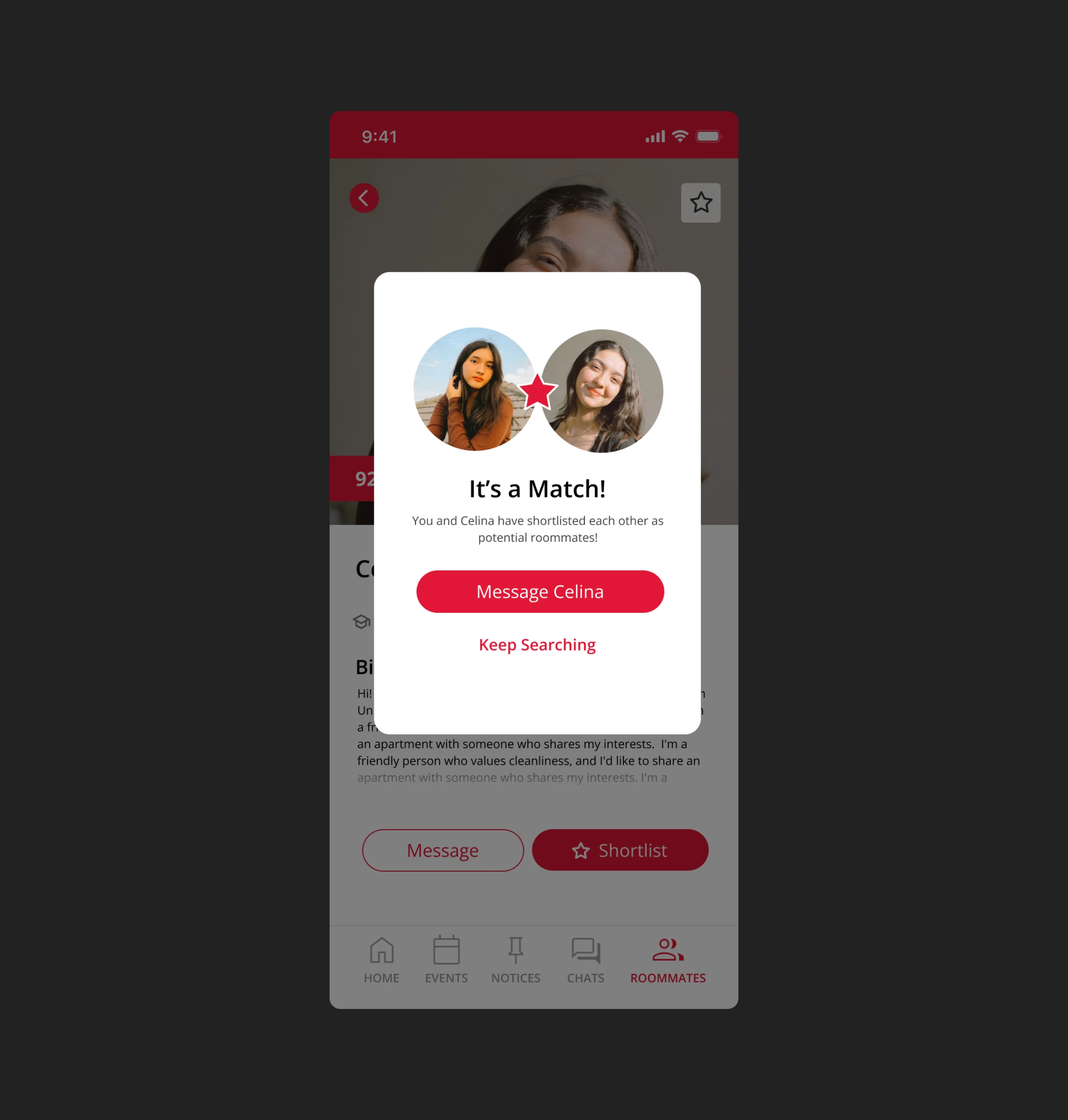 Match screen of the Unilodge App
