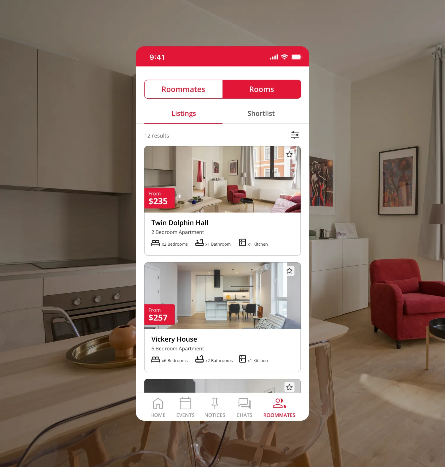Room listings screen of the Unilodge App
