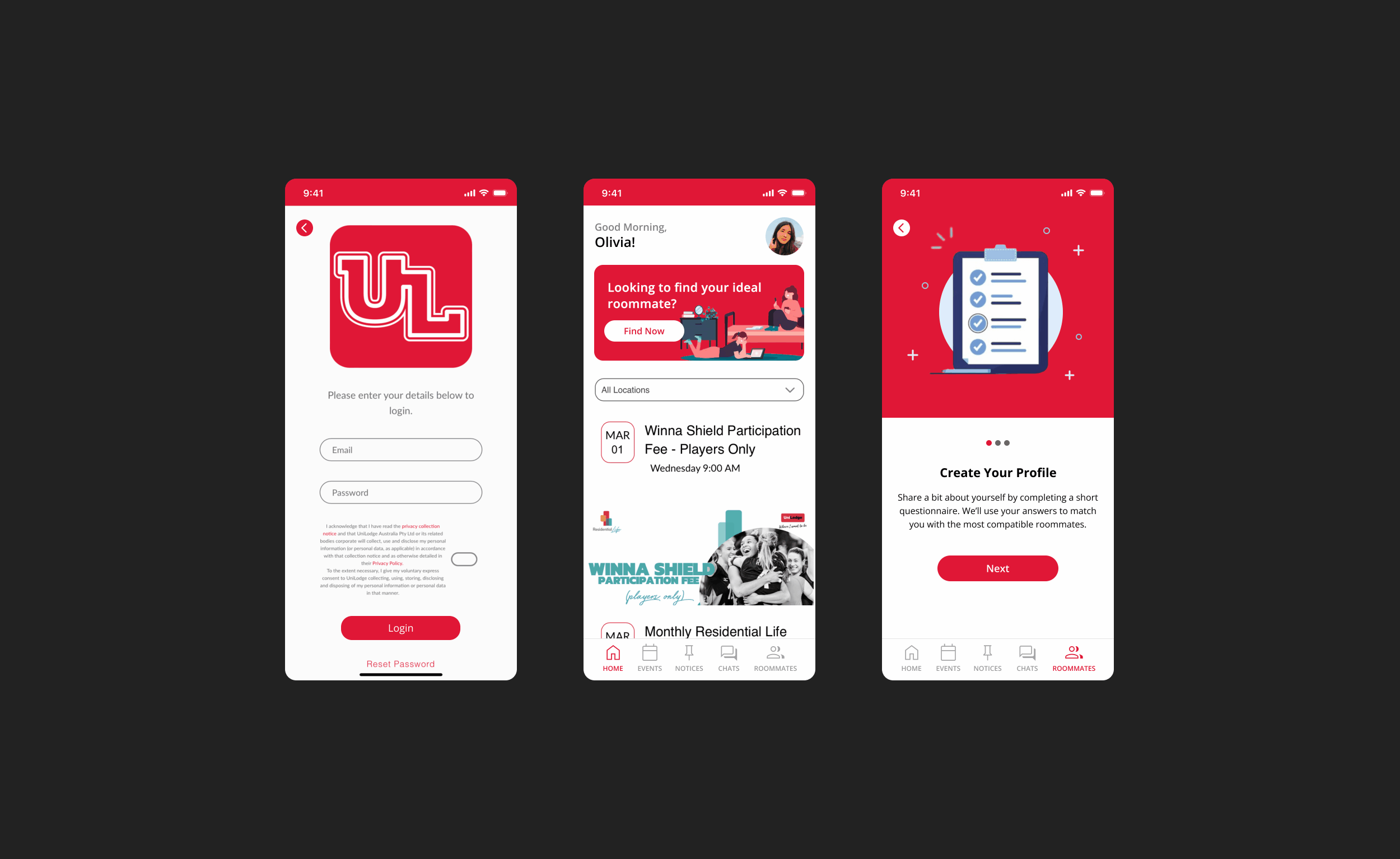 Animated preview of screens from the Unilodge App